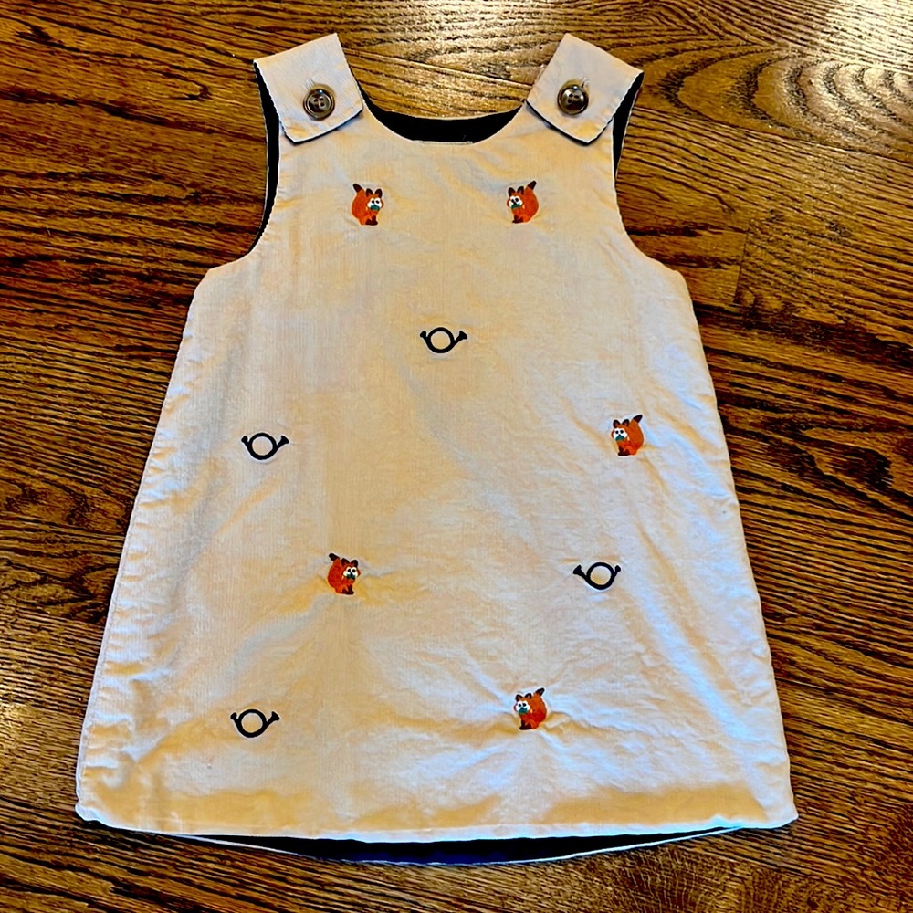 Beaufort Bonnet, 4T, Khaki colored Jumper with foxes and navy horns